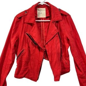 FREE PEOPLE 1970 Red Coral Linen Moto Cropped Jacket Size 6 Asymmetric Z…